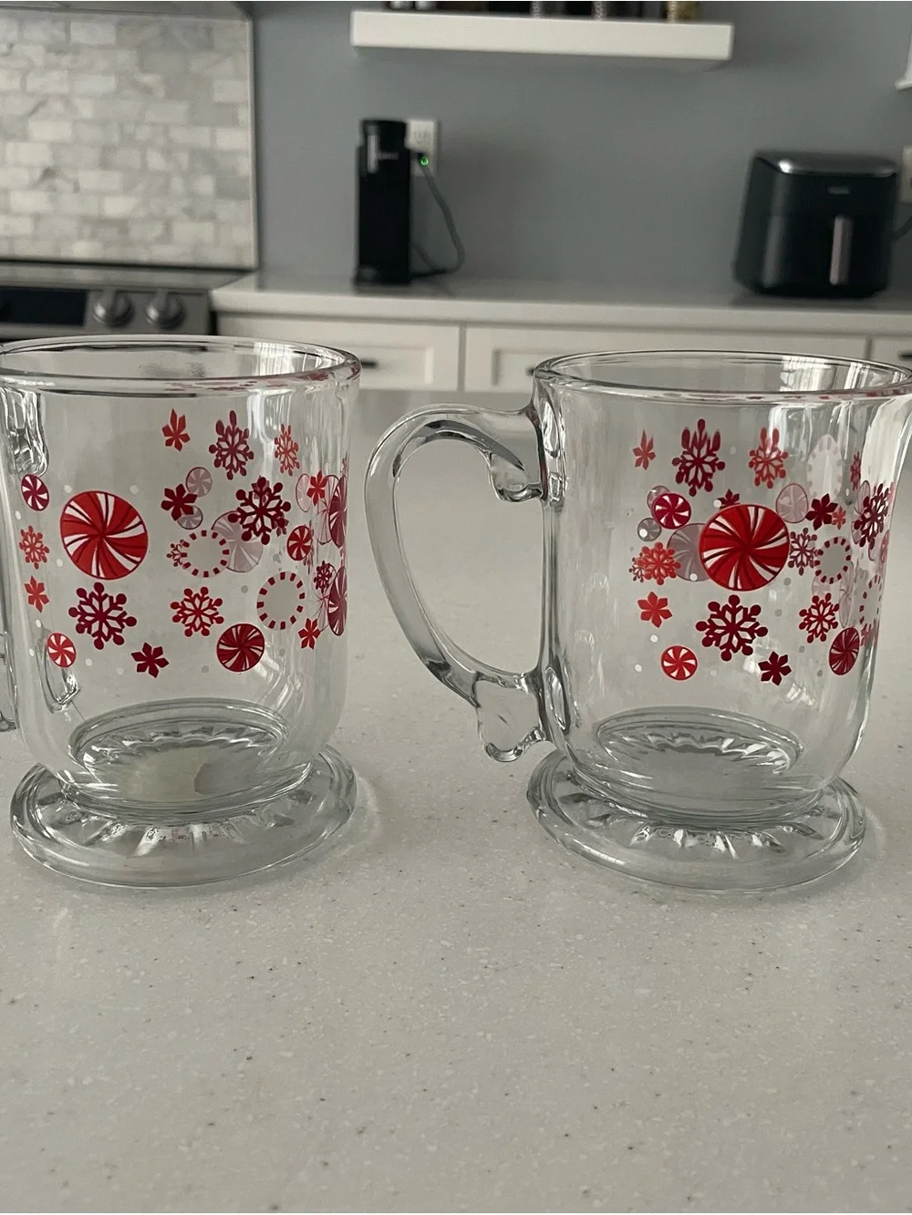 Pier 1 Christmas Peppermint Snowflake Glass Mugs Set of 2 Holiday Footed Cups